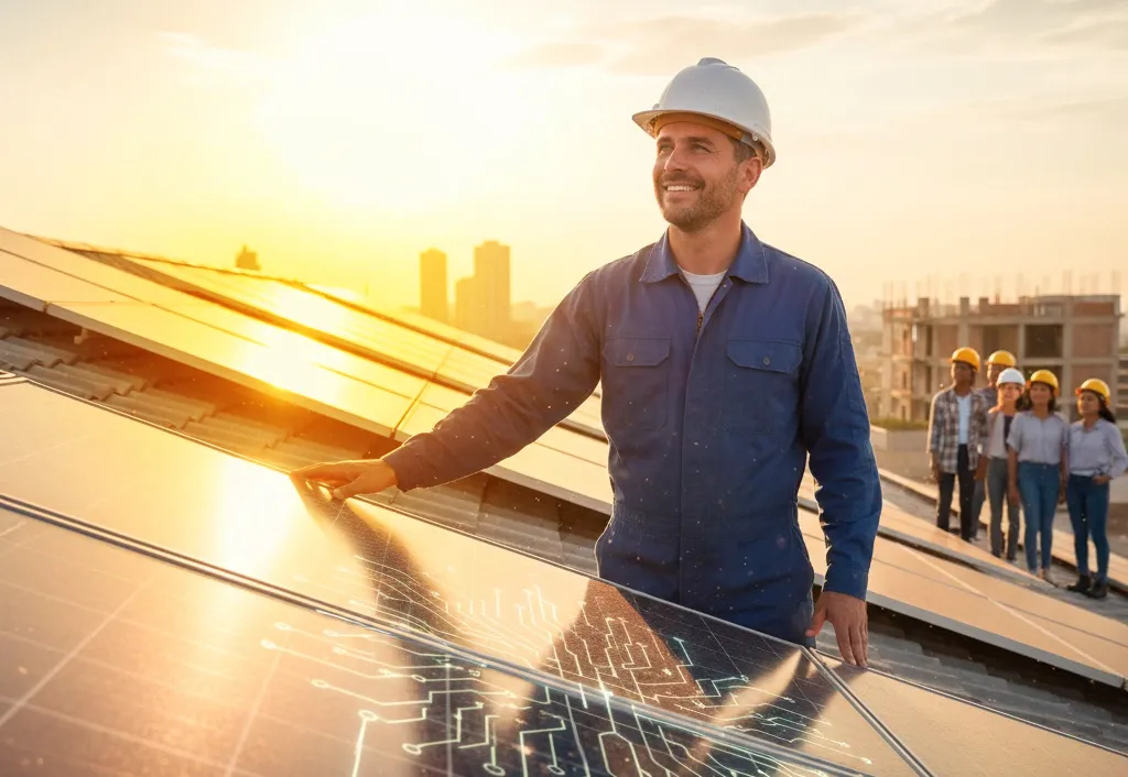 Técnico instalando painel solar fotovoltaico em telhado